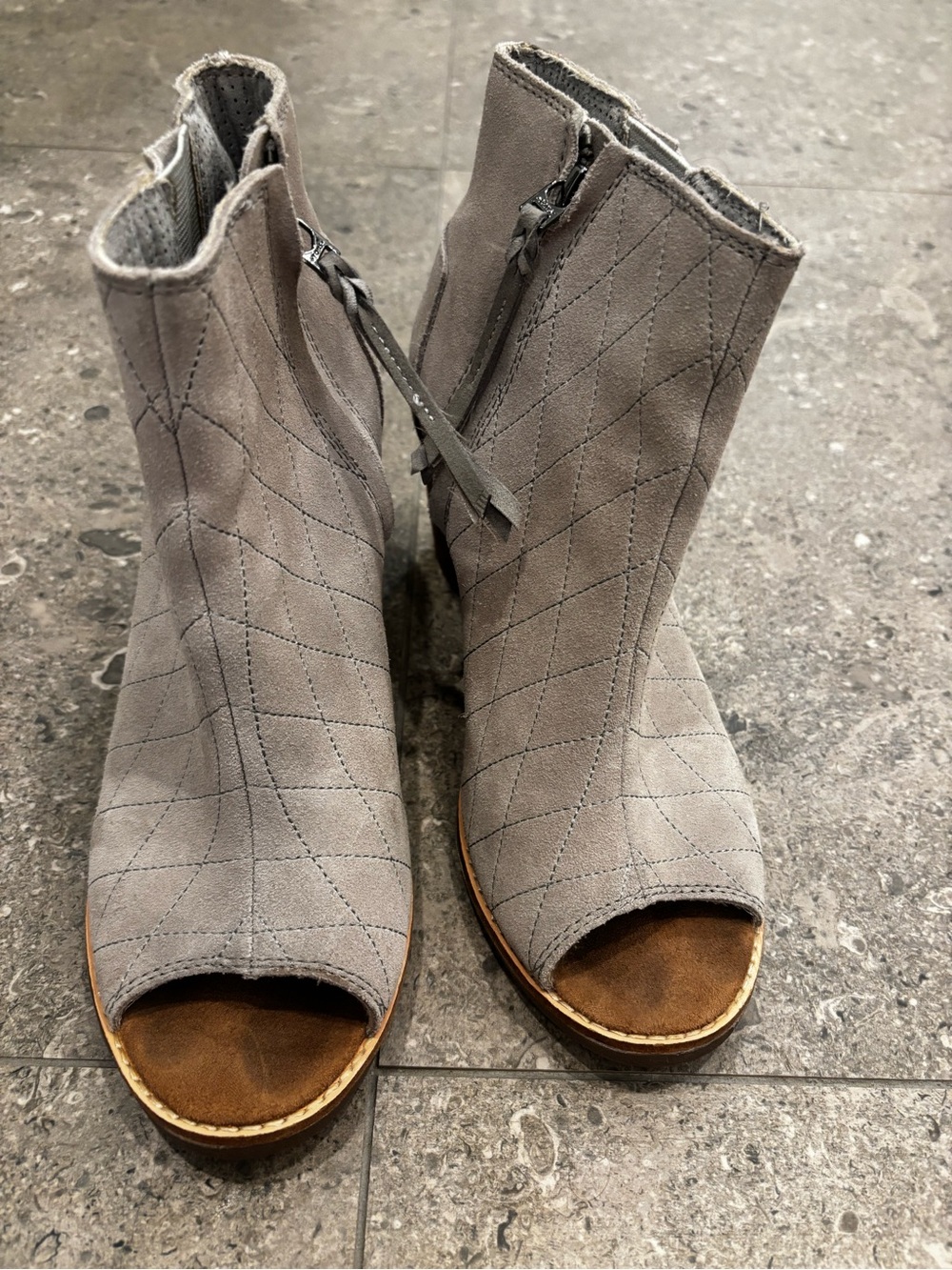 TOMS Gray Suede Peep-Toe Ankle Boots